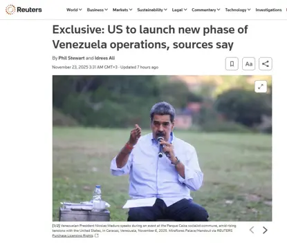 ڕۆیتەرز : ئەمریکا ئامادەیە لە چەند ڕۆژی داهاتوودا قۆناغێکی نوێی ئۆپراسیۆنەکانی پەیوەست بە ڤەنزۆئێللا دەست پێبکات