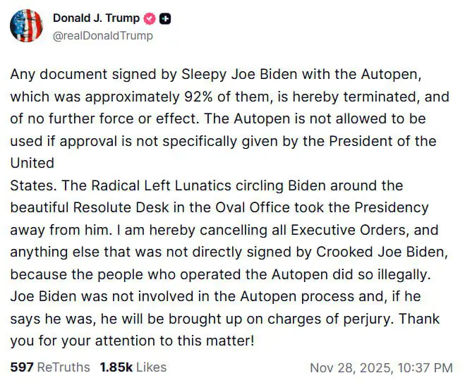 ترامپ : هەموو ئەو بەڵگەنامانەی کە جۆ بایدن بە قەڵەم واژووی کردووە پووچەڵ و بێ بەهان و چیتر کارا نین