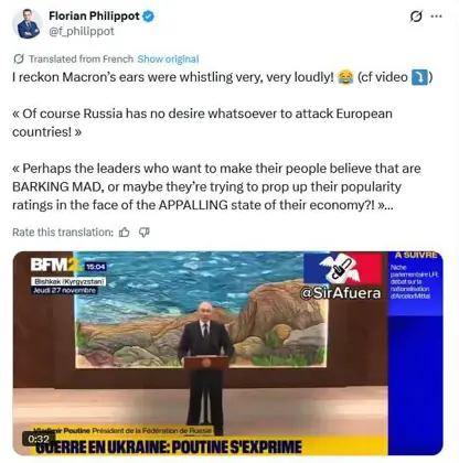 سیاسەتمەدارێکی فەڕەنسی : ڕووسیا هیچ پلانێکی شەڕئەنگێزی نییە، و " پێویستە گوێی ماکرۆن زەنگ لێبدات "