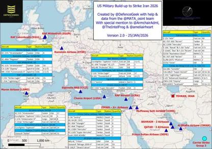 نەخشەی بڵاوبوونەوەی هێزە زەبەلاحەکەی ئەمریکا لە دەورووبەری ئێران ئەگەری شەڕی گەورە دەکرێت